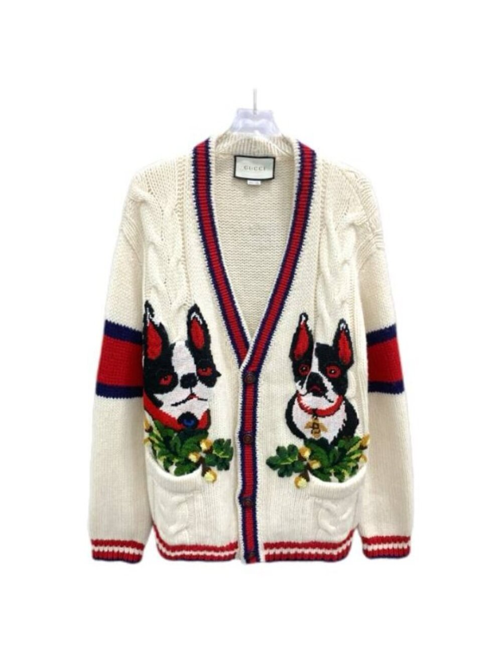 Gucci Ivory Dog Intarsia Wool V-Neck Cardigan